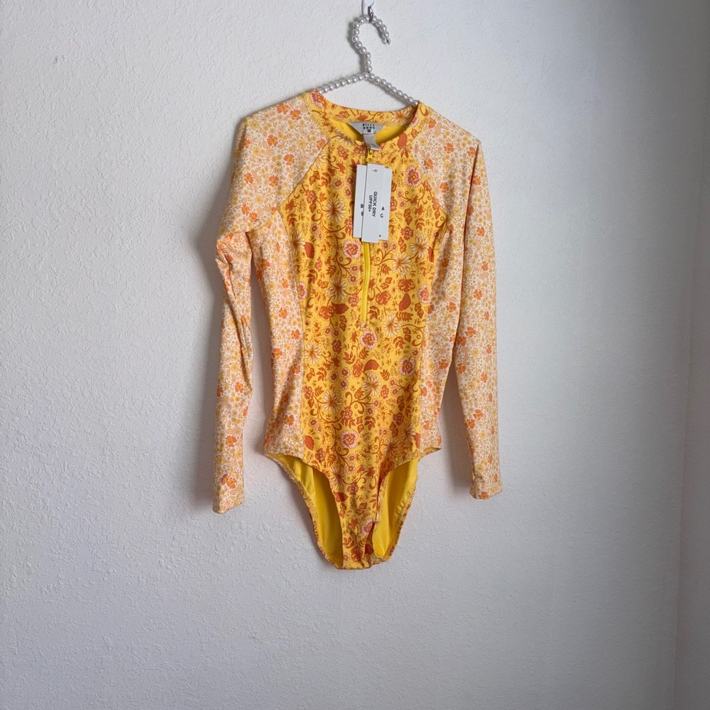 Billabong LS Tropic Body Suit Large Yellow Long Sleeve Floral Half-Zip Surf Suit